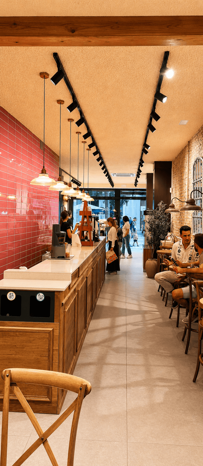 Plafond Ozospray structure standard, texture projetée matiérée dans un café
