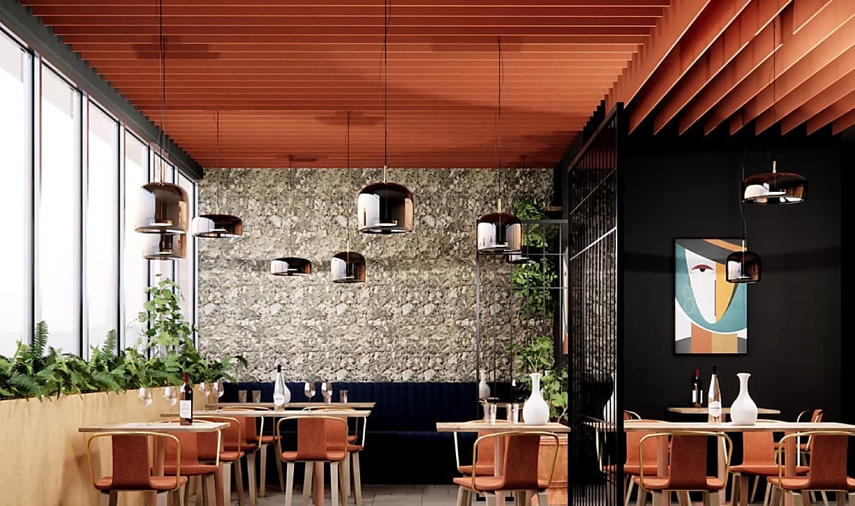 Salle de restaurant traitée par des panneaux acoustiques Arteck pour réduire l'écho et la réverbération