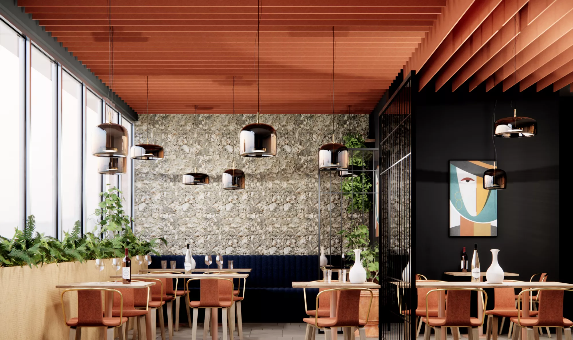 Salle de restaurant au plafond acoustique Arteck terracotta, ambiance chaleureuse