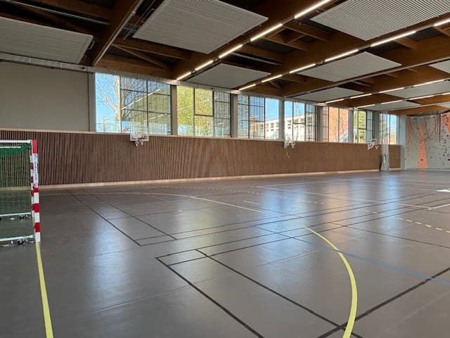 Gymnase en grande hauteur sous plafond avec traitement acoustique en toiture et habillage bois mural, salle Delcenserie